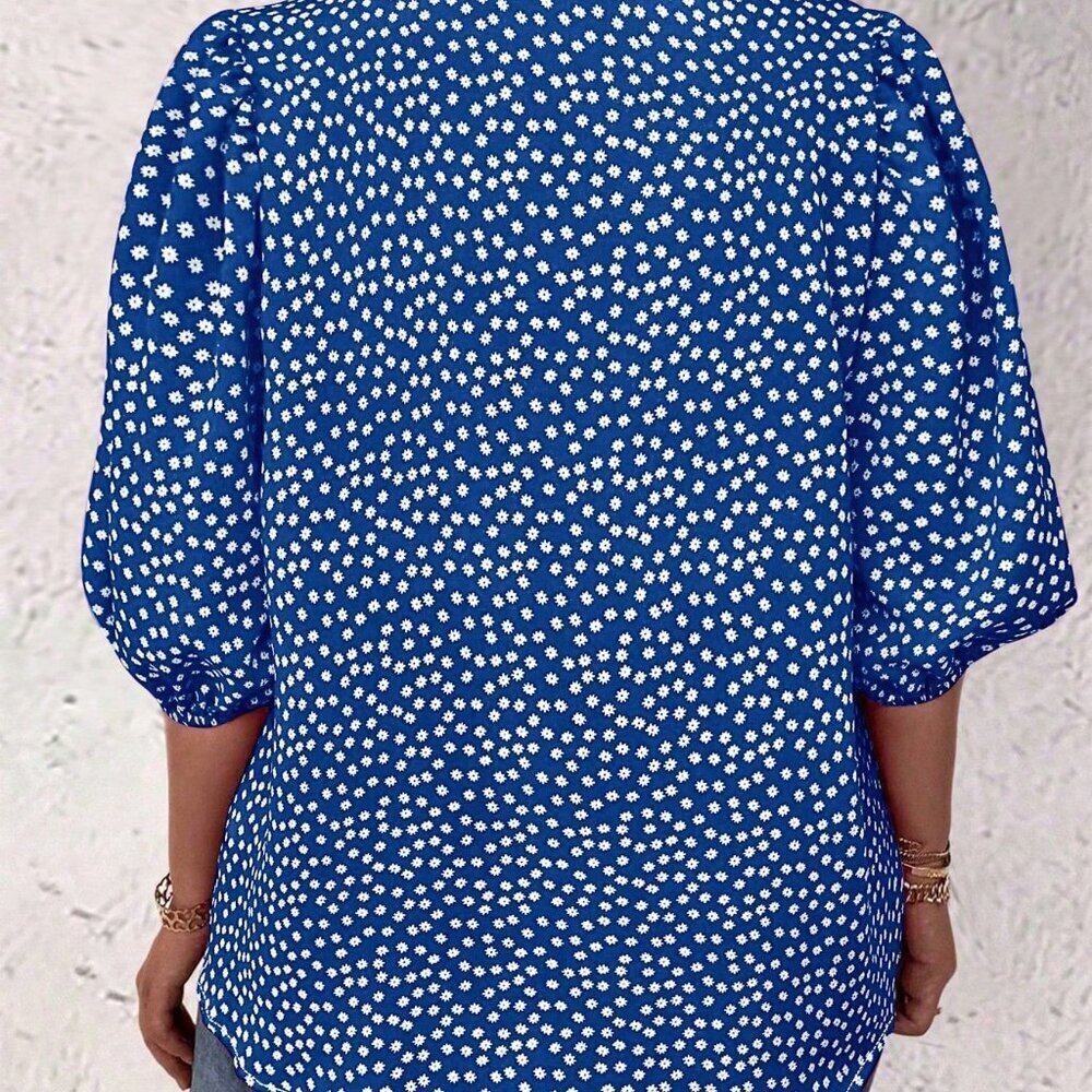 Blue Boho Women's Floral Single Button Casual Mid-Sleeve Shirt - Picture 2 of 4